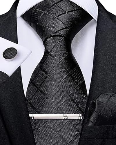 DiBanGu Mens Tie Set Jet Black Plaid Necktie and Pocket Square Cufflinks Tie Clip Set Classic Formal Ties for Wedding Party