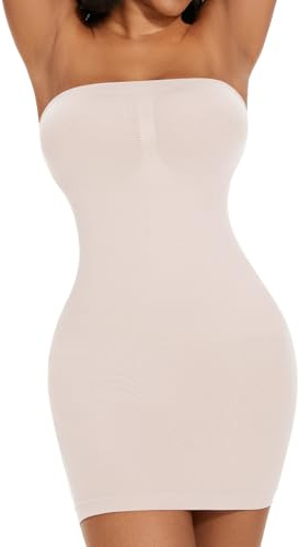 ONEW Axelbandsklänning dam sömlös bandeau underklänning magkontroll shapewear klänning figurformande shaping formklänning full slip med avtagbara spagettiband, Ljusbeige, XL
