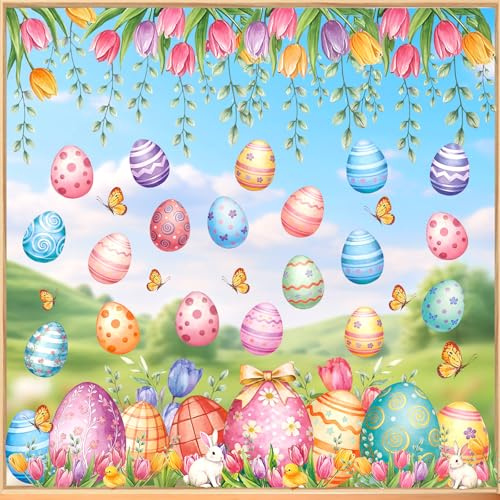 WIURGOHA Easter Window Stickers, 8 Sheets Reusable Easter Window Clings Decorations, Double Sided Window Stickers with Eggs Bunny for Home Office Shop Window Decorations