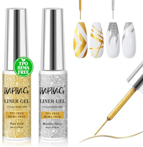 INPING Gel Liner Nail Art TPO-FREE 2 Stück Silber Gold UV Nagellack 8 ML | Painting UV Nagellack Gelnägel Stift für Frauen French Farbdekoration Drawing Lines Gellack für Nail Salon DIY