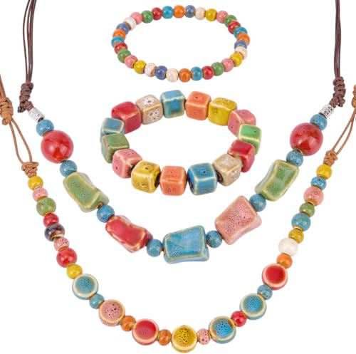 BEAMARKER 1 Boîte 4Pcs 4 Styles Ensembles de colliers et bracelets Boho Bracelet en perles de céramique Porcelaine colorée Bohémienne Vintage Gros Cube Rond Ensembles de colliers élancés à perles pour