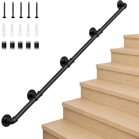 NBYTLT 350 cm Metal Stair Handrail, Modern Wall Mounted Banister Rail | Long Support Railing for Indoor and Outdoor Stairs, Steps, Lofts and Corridors, with Four Sections for Easier Handling