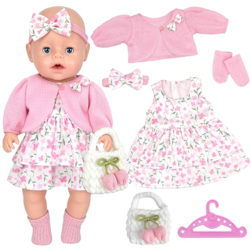Baby Puppen Kleidung 43cm für Newborn Baby Puppen, Rosa Süßes Blumenmuster | Puppenkleidung mit Tortenrock Jacke Haarband Socken Kleiderbügel Tasche für 35-43cm BabyPuppen Outfits Geschenke für Kinder