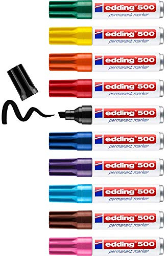 edding 500 Permanentmarker - mehrfarbig - 10 Stifte - Keil-Spitze 2-7 mm - wasserfest, schnell-trocknend - wischfest - für Karton, Kunststoff, Holz, Metall, Glas