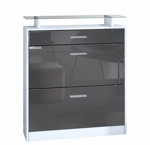 Vladon Schuhschrank Loret 89 x 104 x 23 cm Schuhkipper für 16 Paar Schuhe mit 1 Schublade, 1 Glasablage, Farben Weiß matt & Grau Hochglanz