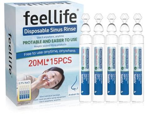 FEELLIFE Inhalationslösung Kochsalzlösung 0.9% Nacl Nasendusche Meerwasser Nasenspülsalz Nasendusche für Inhalation 20ml x 15