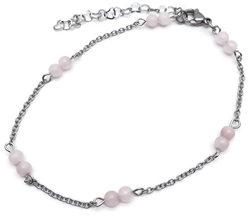 Vilda Jewellery Rose Quartz Anklet Slim Stainless Steel Chain with 4mm Stone Beads - Adjustable Size : 9-11 inches