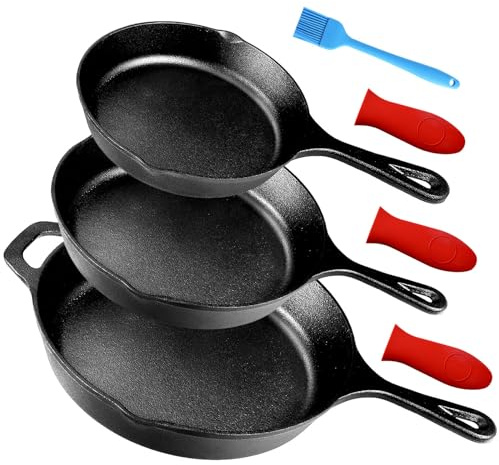 Suteck Cast Iron Skillets 3 piece set | 6, 8 & 10 Pre-Seasoned Cast Iron Pan with 3 Silicone Heat-Resistant Holders - Indoor and Outdoor Use - Oven Grill Stovetop Induction Safe Cookware