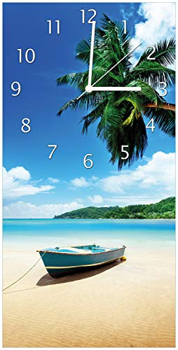 Wallario Design-Wanduhr Urlaub am Palmenstrand unter Palmen mit Fischerboot aus Glas, Motiv-Uhr Größe 30 x 60 cm, weiße Zeiger