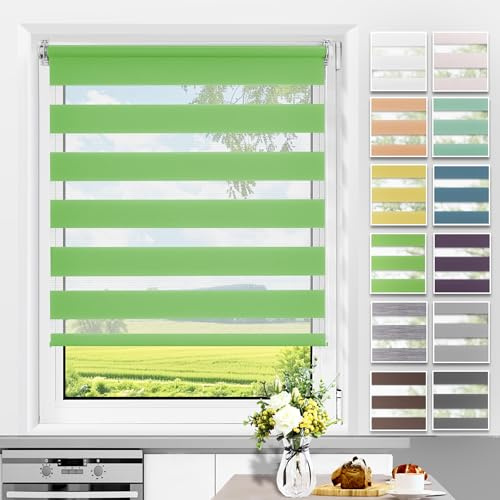 Allesin Doppelrollo Klemmfix ohne Bohren & mit Bohren, Duo Rollos für Fenster und Tür, Klemmrollo Fensterrollo lichtdurchlässig, Sichtschutz und Sonnenschutz, 40x140cm (BxH), Grün