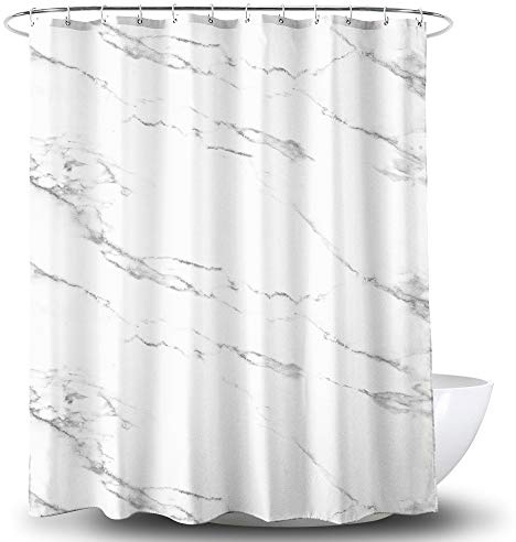 Alumuk Duschvorhang Bedruckt, Anti-Schimmel, Wasserdichter, Waschbar Anti-Bakteriell Stoff Polyester Badewanne Vorhang mit 16 Duschvorhängeringen, 240x200cm, Mamor