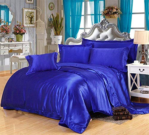 Duvet Cover King Size Set Royal Blue With Button Closure, Ultra Soft Silky Satin 4 Pieces Washed Comforter Cover Sets (1 Duvet Cover + 1 Fitted Sheet 18 Deep + 2 Pillow Shams) Duvet Set