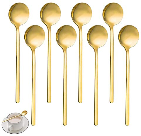 HUYIWEI Cucchiaio Rotondo Dorato,8 Cucchiaini Da Caffè a Manico,Cucchiai In Acciaio Inossidabile,Cucchiai In Acciaio Per Uso Domestico Da 13 Cm,Adatto Per Caffè,Zucchero,Dessert,Gelato