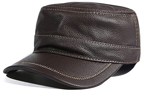 WHSPORT Herren Leder Vintage Army Kappe Cadet Hat Military Flat Top Verstellbare Baseballmütze Trucker Hut (Color : Brown, Size : One Size)
