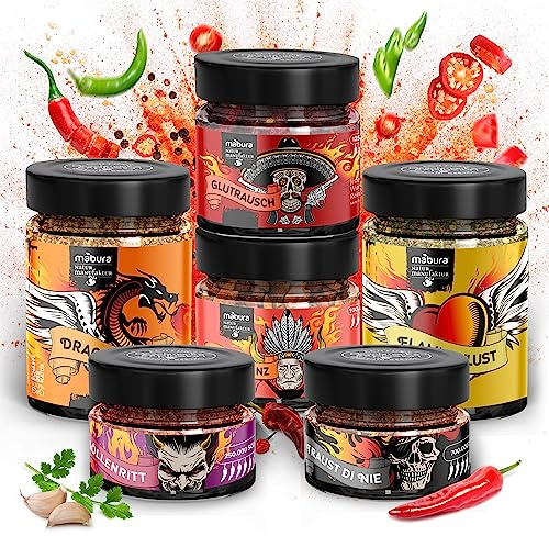 Chili Geschenkset - Chilli Gewürz bis 700.000 Scoville - Chilli Geschenkset für Scharfschmecker - 6 verschiedene Chili Gewürz