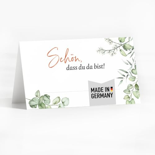 50 Tischkarten Eukalyptus Design I Hochzeit oder Taufe I Platzkarten zum Selbst beschriften mit Text Schön dass du da bist I edle Sitzkarten