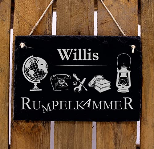 Dekolando Rumpelkammer Schild personalisiert mit Wunschnamen Türschild Schiefer Gravur Dekoschild Keller Dachboden Kammer 22 x 16 cm
