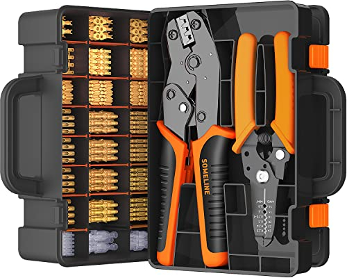 SOMELINE Spade Connectors Crimping Tool Set, with 24 Types Crimp Connectors and 0.25–2.5 mm² (AWG 24–14) Crimping Pliers – Non-Insulated Spade Terminals Electrical Connectors Kit