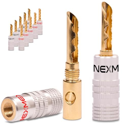 NEXMEX Hohl Bananenstecker 4mm - 12 Stück Stecker als Set - Hohl Steckverbinder 24K vergoldet Hohlbananas für Lautsprecherkabel - HiFi Lautsprecheranschluss