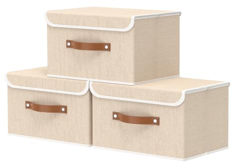 OUTBROS Cajas Almacenaje Lavable, Cubos de Ropa, Cesta de Almacenamiento Plegable, Juegos de Organizadoras con Tapa y Asa, Contenedores de Tela para Ropa, 33 x 23 x 20 cm, 3 unidades, Beige