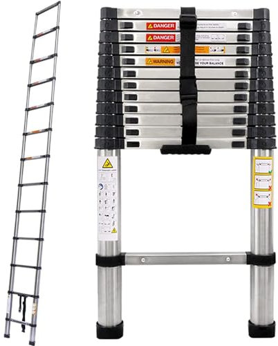 Portable Telescopic Extension Ladder Folding Step Multi-Use Non-Slip Ladders DIY Stainless Steel Ladder EN131 Safe Standard 330 LB Load Capacity (3.77m/11.99ft)