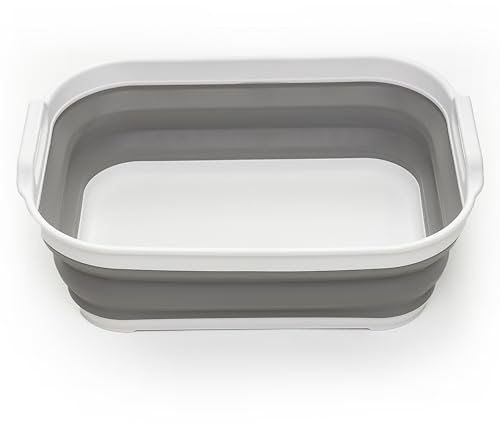 SAMMART 13L zusammenklappbare Wanne mit Griff – tragbarer Outdoor-Picknickkorb/Krater – faltbare Einkaufstasche – platzsparender Aufbewahrungsbehälter (Weiß/Grau)