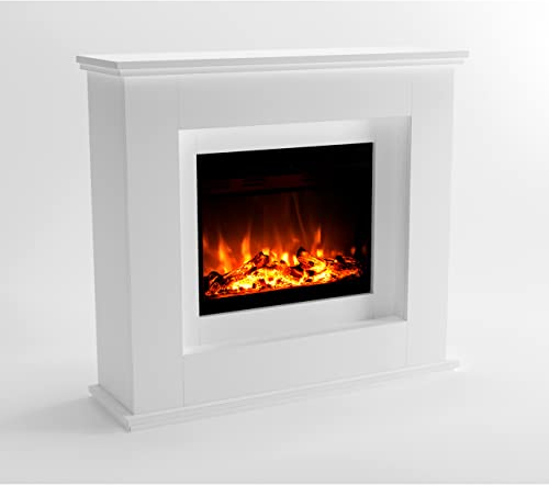 GLOW FIRE EUROPA Stufa Elettrica a Pavimento - Caminetto Elettrico con Riscaldamento, Fuoco LED in 3 Colori, Ventola, Decorazione in Legno, Telecomando, 111x101x33 cm, Bianco