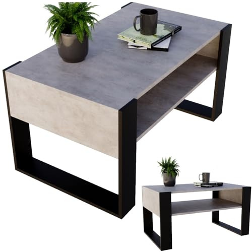CraftPAK Wohnzimmer Tisch für Couch aus hochwertigem Holz, moderner Couchtisch mit zusätzlicher Ablagefläche, Sofatisch für Wohnzimmer, Farbe Beton Schwarz