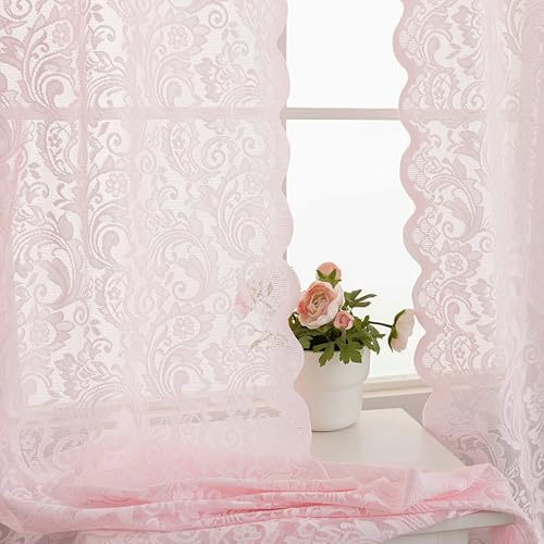 2x rosa Spitzenvorhänge 213 cm lang, transparente Vorhänge mit floralem Stickmuster im Coquette-Stil für Wohnzimmer, Boho-Prinzessinnen-Gardinen in Hellrosa für Kinder- und Babyzimmer, 132 x 213 cm | Romantisch Kinderzimmer Wohnzimmer Lichtfilterung Privatsphäre Stangendurchzug 132,1 x 213,4 cm (B x L)