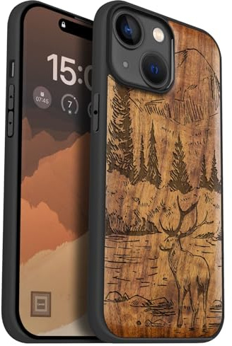 Carveit Holz Hülle für iPhone 15, Nussbaum-Berge und Hirsche | Cover kompatibel MagSafe [Holz und TPU Silikon Hybrid Hull] Magnetisch Case für iPhone 15 Handyhülle