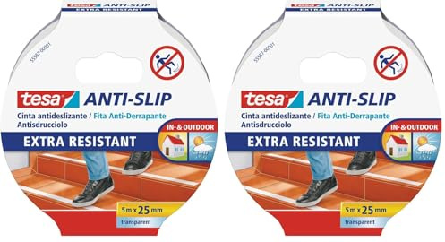 Tesa Nastro Antiscivolo Trasparente, Nastro adesivo antiscivolo per l'uso interno ed esterno, Per scale, rampe, pavimenti lisci o bagnati e barche, 5 m x 25 mm (Confezione da 2)
