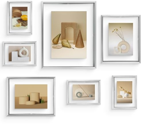 Frametory, Floating Picture Frames Set - Silver Metal Photo Frames - Real Glass - Displays One 11X14, Two 8X10, And Four 5X7 Inch Photos for Home Decoration