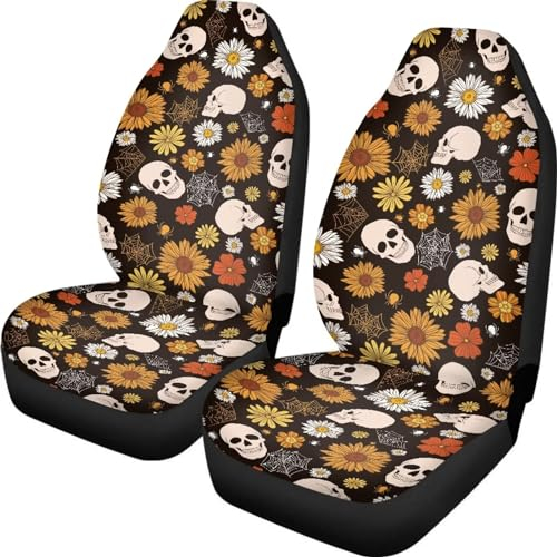 POLERO Totenkopf-Autositzbezug, Vordersitzschutz, Gothic-Blumen-Skelett, Autozubehör, 2 Stück, für Damen