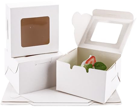 CYEER 100 Pack Cake Box, 4 x 4 x 2.5 Inch White Individual Cupcake Boxes, Small Bakery Cake Boxes with Window, Mini Treat Boxes Cake Boxes for Cake Portions Cookie Donuts