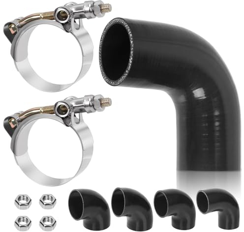 Swpeet Manguera de silicona reforzada de 4 capas con codo de 90 grados de 2 pulgadas a 51 mm con abrazadera de manguera de perno en T de 57-65 mm y kit de tuerca hexagonal de 6 mm, manguera de