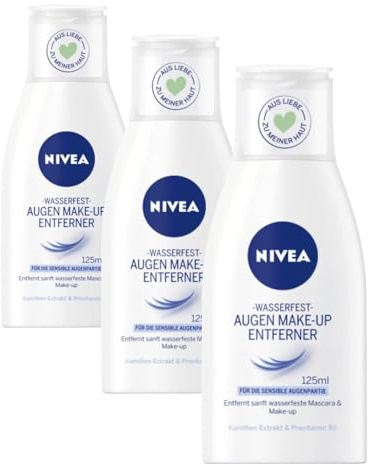 NIVEA Wasserfester Augen Make-Up Entferner (125 ml), sanfter Make-Up Entferner mit Kamillen-Extrakt und Provitamin B5, entfernt selbst wasserfeste Mascara und Make-Up (Packung mit 3)