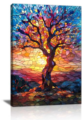 FajerminArt Colorato Albero Della Vita Quadri Moderni Con Cornice,Tramonto Paesaggio Stampe da Parete Blu Arancione Alberi Quadro Stampa Su Tela Decorazioni per Bagno Soggiorno Camera da Letto 40x60cm
