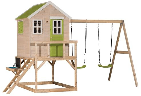 Wendi Toys M27L-K Stelzenhaus mit Doppelschaukel & Spielküche – Spielhaus Holz-FSC Kinder Outdoor für Garten 192×405×242 cm – Kletterturm Garten mit Sandkasten, Grün