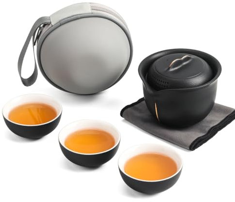 Juego de té de cerámica para viaje, tetera china de Kung Fu, tazas de té de porcelana Gongfu, taza de té esmaltada esmerilada, bolsa portátil, 1 olla, 3 mini tazas, todo en uno, para el hogar,