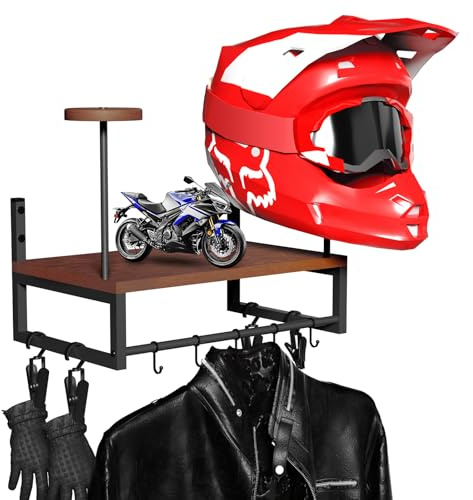 GHWMYD Support Casque Moto pour Accrocher Casquettes et Vestes, Accessoire | 2 porte casque moto, 1 étagères, 4 clips, 5 crochets pour le rangement des équipement de moto, des gants, des clés