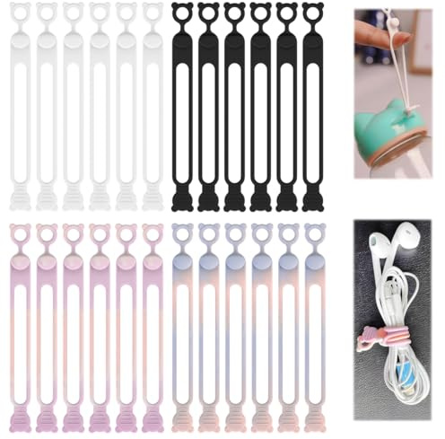ZEPIQOR Lot De 24 Sangles De Câble En Silicone Pour ÉCouteurs, Chargeur De TÉLÉPhone, Ordinateur, Attaches De Câble RÉUtilisables Pour La Maison, Le Bureau, La Cuisine, L'ÉCole (4 Couleurs)