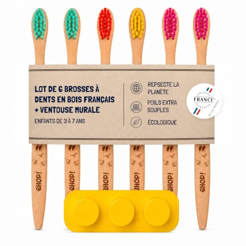 [EHOP] Lot de 6 Brosses à Dents en Bois Français avec Ventouse murale | Poils Extra Souples | Convient aux Enfants | Fabrication Française | Brosses Écologiques | Dentaire Zéro Déchet, Manche Biobasé