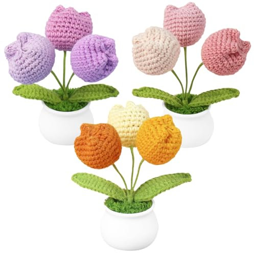 Magicherry 3 tulipani all'uncinetto con 3 teste di tulipano, piccole piante in vaso, fiori fatti a mano per auto, cruscotto, casa, ufficio, 3 colori