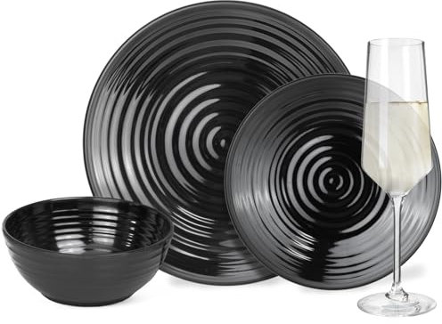 Set di stoviglie da campeggio in melamina, per 4 persone, colore: nero scuro + 4 bicchieri Milano Champgner