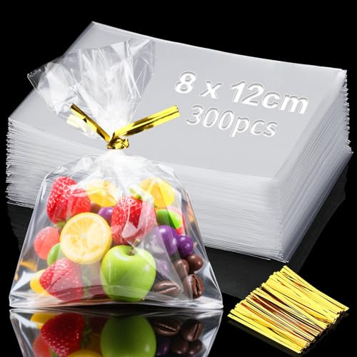 Mbsomnus 300 Stk Cellophantüten 12×8 cm Kekstüten Transparent | Zellophantüten, Durchsichtige Tüten Klein, Süssigkeiten Tüten, Geschenkbeutel, mit Krawatten für Brot, Chocolate, Weihnachten