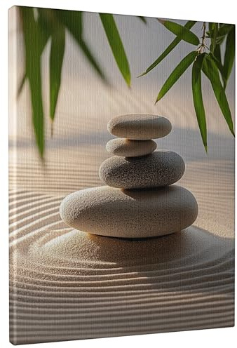 Zen Stone Stack Canvas Wall Art, Neutral Beige Pebbles Nature Print, Tranquil Home Aesthetic Decor For Living Room, Bedroom, Spa, Wrapped Canvas 12x16 Inch