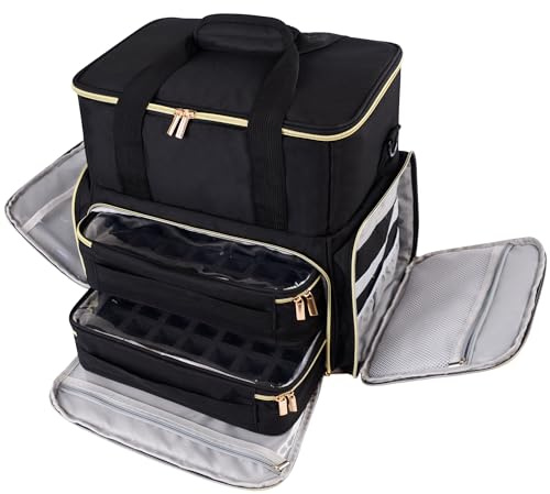 igadgitz home U7302 Large Nail Polish Organiser Bag with Drawers, Tool Holders & Travel Strap, Water-Resistant - Black