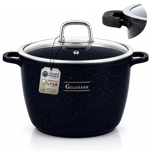 GOLDMANN Kochtopf Aluguss/Suppentopf, 20 cm, 4L, antihaftbeschichtete Keramik in Marmoroptik, Glasdeckel, geeignet für Induktion und alle Herdarten, ofenfest und PFOA-frei