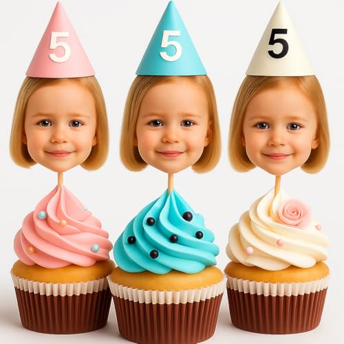 10 Personalised Face Cupcake Toppers – Custom Photo Cake Decorations with Optional Hat – Non Edible Party Picks for Birthdays, Anniversaries, Hen & Stag Parties – Includes Fixings (10 Pack)