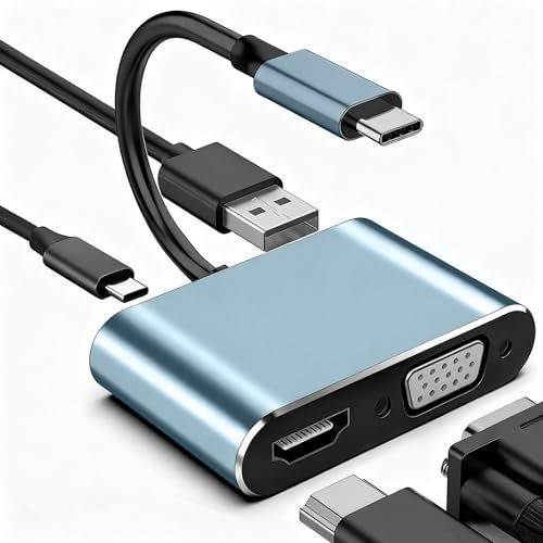 USB C to HDMI VGA Adapter 4 in 1 Hub with 4K HDMI 1080P VGA PD 100W USB 3.0 Multiport Converter Type C Splitter Dock Compatible with MacBook Pro/Air, Samsung, Dell, HP, Chromebook, Pixel, etc